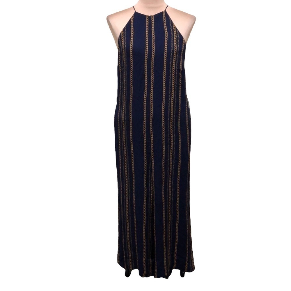 NICHOLAS Samira Wide Leg Cropped Jumpsuit Size US 8 Navy Blue Silk Chain Print